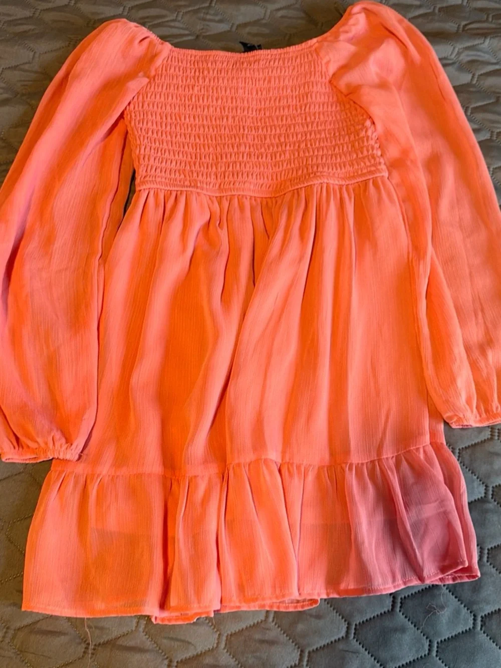 Girls' Neon Coral Long-Sleeve Smocked Bodice Dress